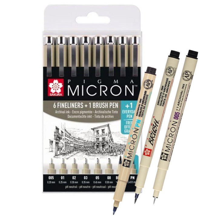 Pigma Micron Fineliner 6-set + 1 Brush Pen + 1 PN in the group Pens / Product series / Pigma Micron at Pen Store (103855)