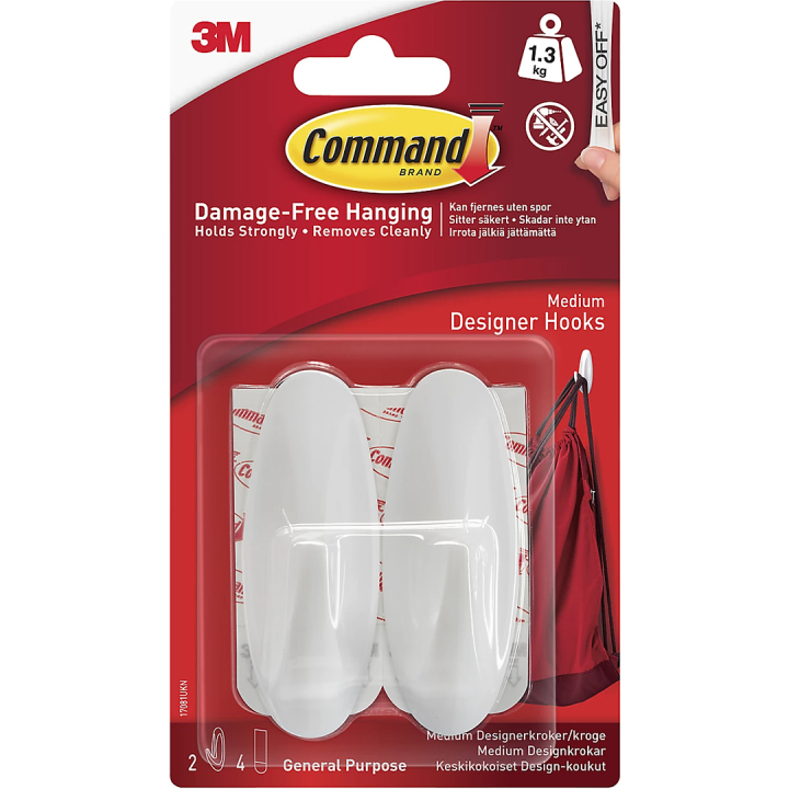 Command Self-Adhesive Hooks Design Medium White 2-pack in the group Hobby & Creativity / Organize / Frames / Picture hanging at Pen Store (135683)