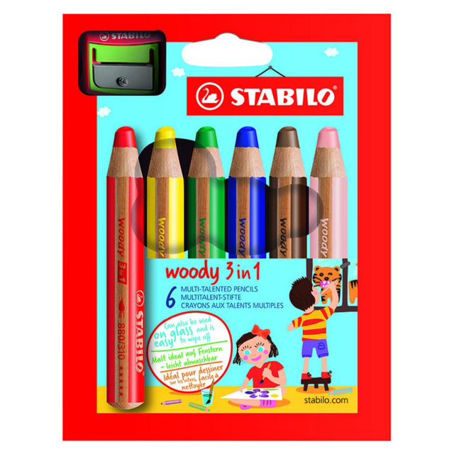 Woody 3-in-1 Colouring Pencils 6-set + sharpener