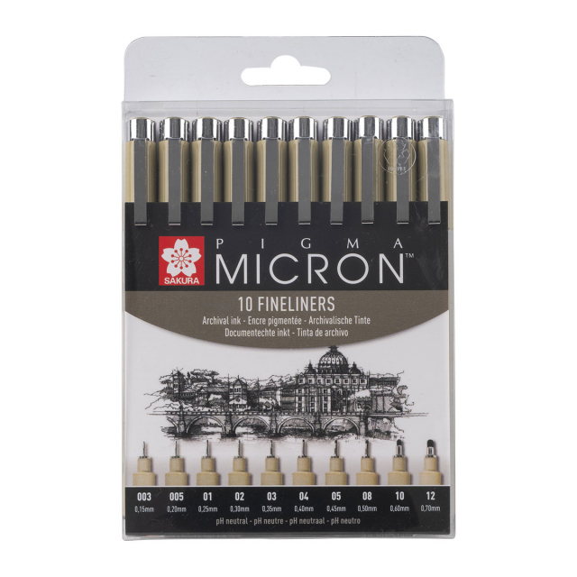Sakura Pigma Micron Pens - Grays and Black, Set of 10