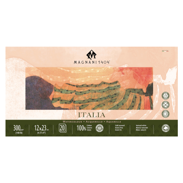 Watercolor Pad Italia 100% Cotton 300g Fine Grain 12x23cm 20 Sheets