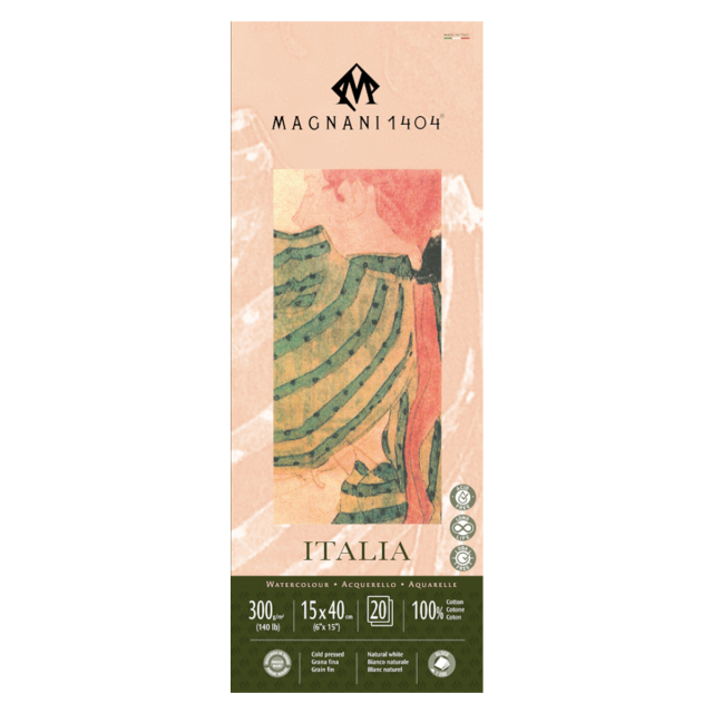 Watercolor Pad Italia 100% Cotton 300g Fine Grain 15x40cm 20 Sheets