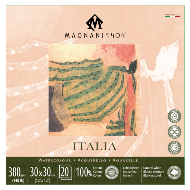 Watercolor Pad Italia 100% Cotton 300g Fine Grain 30x30cm 20 Sheets
