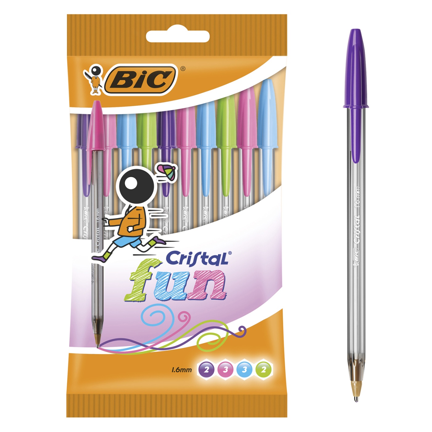 10 PC Bic Cello Cristal Fun Colours Ballpoint Pens 1mm Nib Assorted Colours 