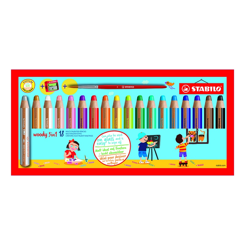 Stabilo Woody 3-in-1 Coloring 18-set sharpener and brush Pen Store