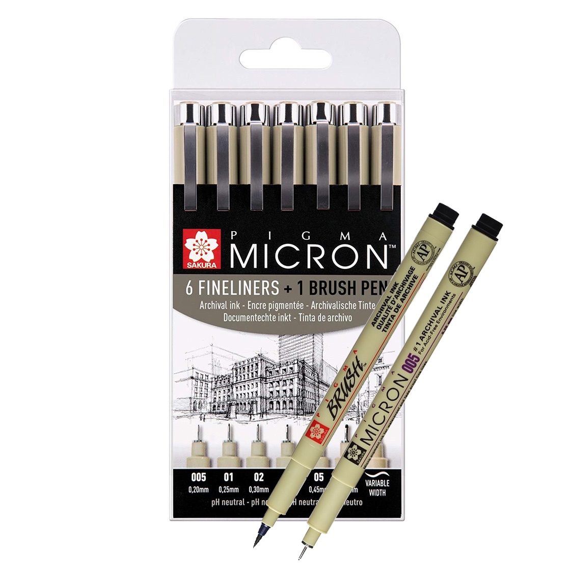 Pigma Micron Fineliner 6-set + 1 Brush Pen in the group Pens / Product series / Pigma Micron at Pen Store (103501)