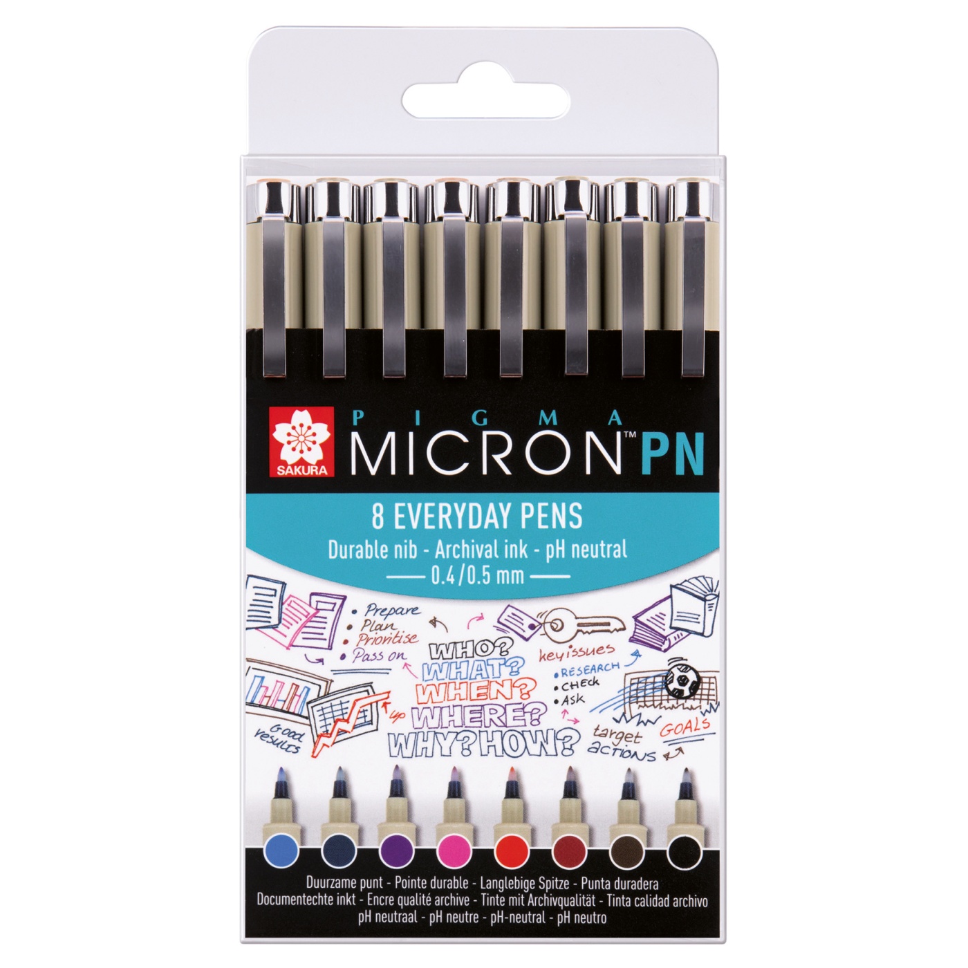 Sakura Pigma Micron PN Fineliner Pens - 0.4/0.5mm - 1 of Each Colour - Pack  of 8
