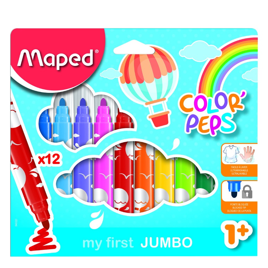 Maped - Rotuladores de Colores para Niños - Color's Peps My First Jumbo -  12 Rotuladores de Punta Gorda - Apto a Partir de 1 Año - Tinta Ultra  Lavable - Variedad de Colores