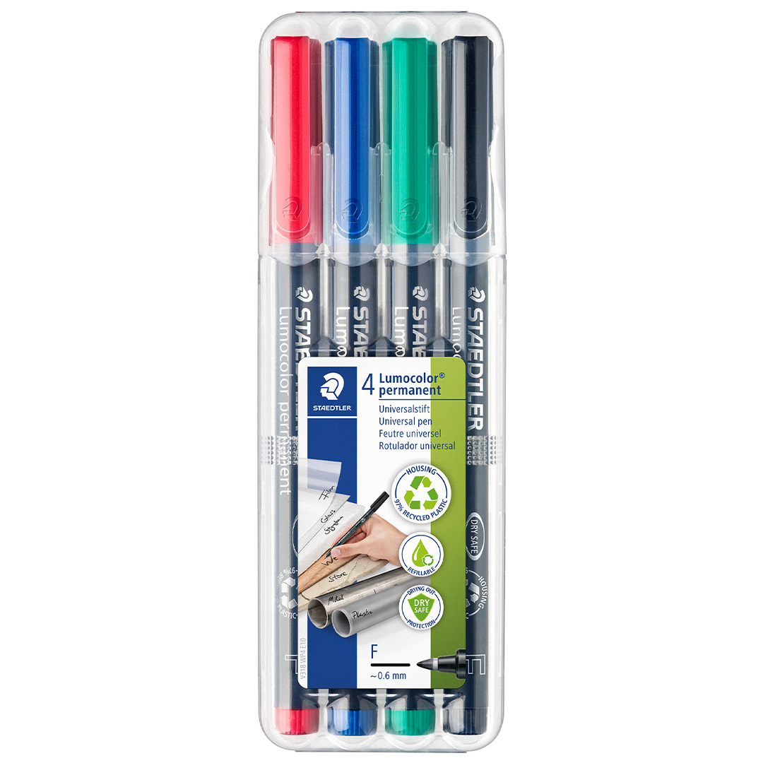 Staedtler Lumocolour Universal Pen Permanent Fine Assorted Pack of 4 Staedtler Lumocolour Universal Pen Permanent Fine Assorted Pack of 4