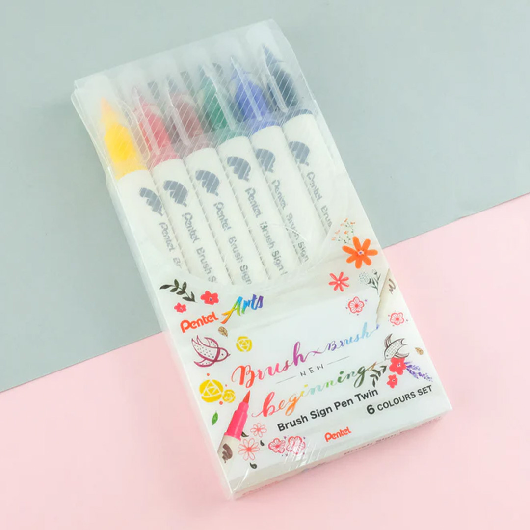 Pentel Arts Sign Pen Twin Brush 6er Pack – Pinselstifte Mit Breiter & Feiner Spitze | Wasserbasierte Tinte, Mischbar | Ideal Für Lettering & Illustrationen